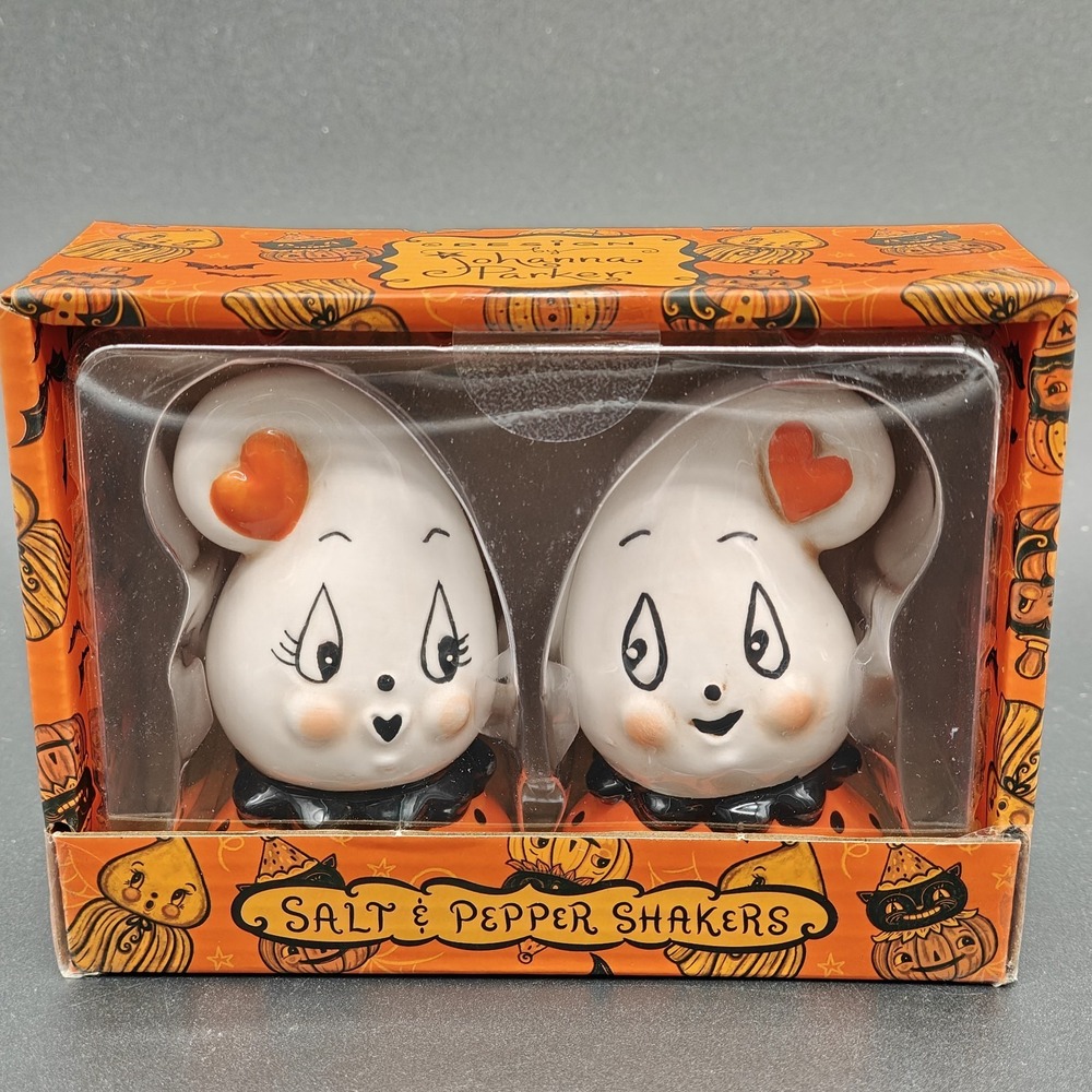 Johanna Parker Halloween Ghost Salt & Pepper Shakers Boy Girl Orange Heart NEW